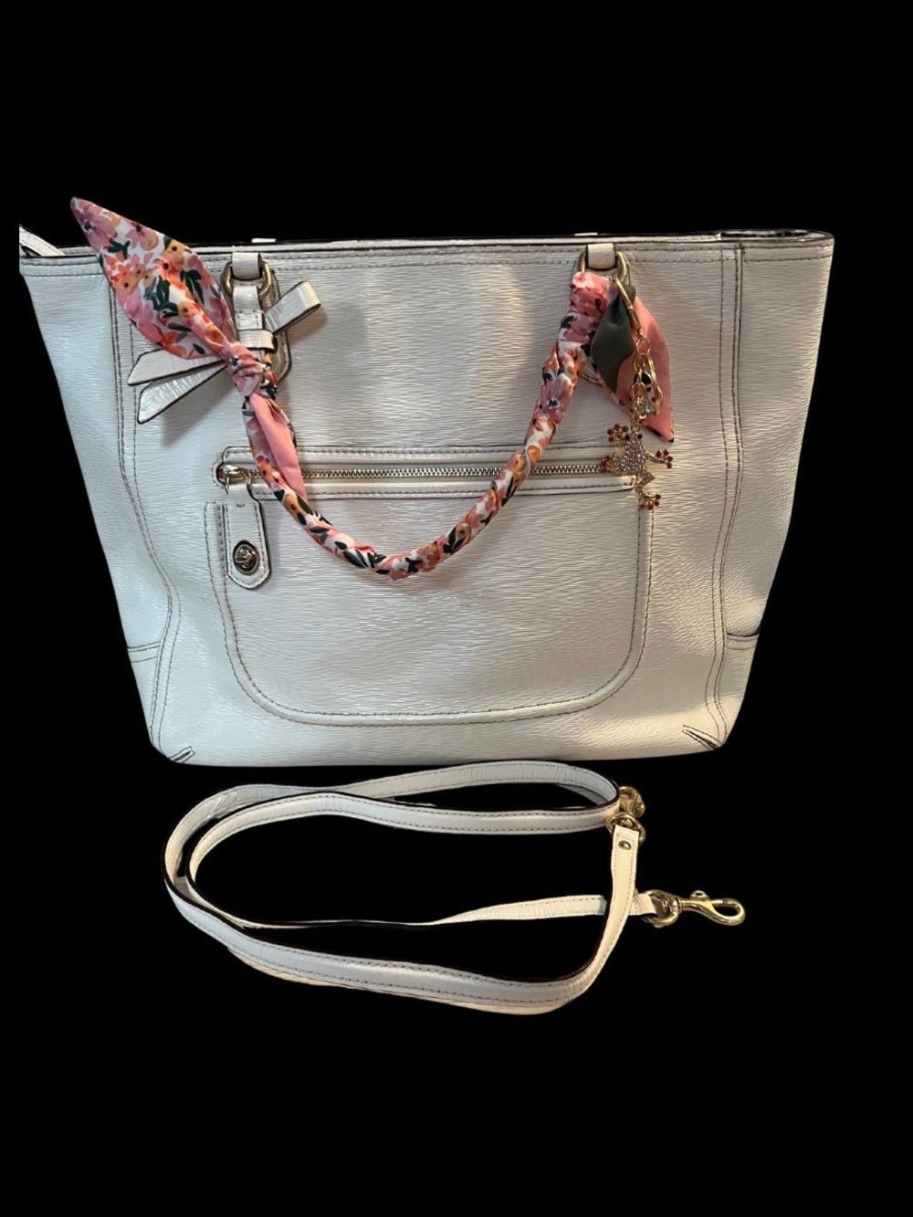 Coach White Textured Leather Tote Satchel Crossbody w/ Scarf & Frog Charm 25042